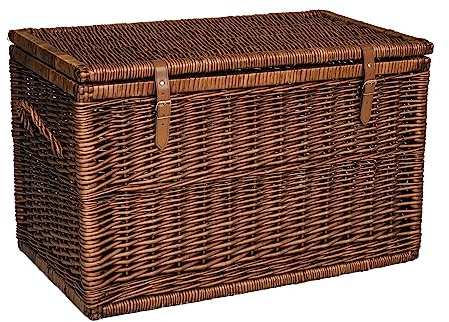 Arthur Cameron Modena Panier de rangement en osier de luxe avec couvercle, sangles en cuir pour sécuriser la fermeture et cadre en bois solide – Grand panier en osier, coffre de rangement, coffre de