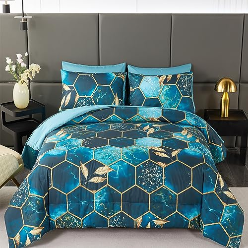 ANGIYUIN Bettwäsche-Set für King-Size-Betten, geometrische Wabenmuster, 7-teilig, sechseckiges Aquarell-Bett in Einer Tasche, Marmorfolien-Druck, Bettwäsche-Sets mit Bettlaken und Kissenbezügen