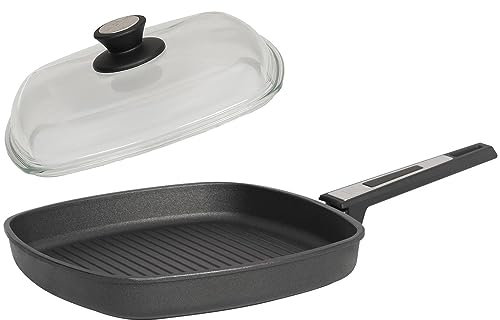 SKK flache Bratpfanne 28x28 cm 2-tlg. - ohne Induktion - viereckige beschichtete Aluguss Grillpfanne & Vollglas Deckel - Made in Germany
