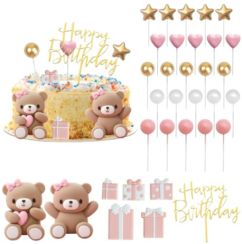 Nizirioo 33 Stück Mädchen Kuchen Deko: BraunBär, Kugeln, Rosa Weiß Gold Schaumkugeln, Geschenkboxen, Happy Birthday Tortendeko für Babyparty Geburtstag