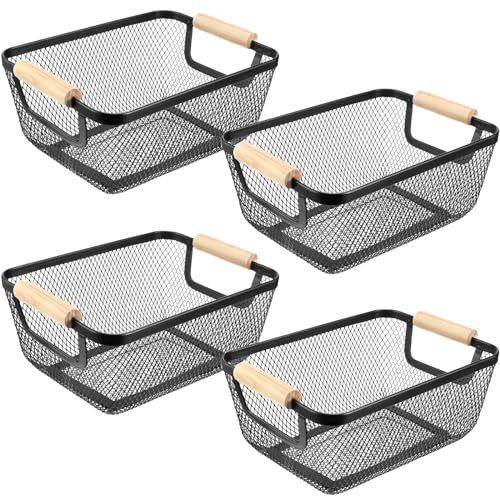 Ziliny 4 Stück Metalldrahtkorb mit Holzgriffen, Netzstoff, Stahl, Aufbewahrungsbehälter für Zuhause, Organisation, Schrank, Speisekammer, Schrank, Küche, Kühlschrank, Obst, Make-up, Snacks, Geschenke