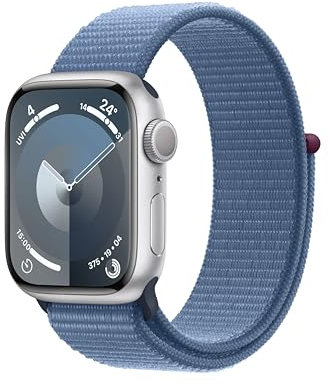 Apple Watch Series 9 (GPS, 41 mm) Smartwatch mit Aluminiumgehäuse in Silber und Sport Loop Armband in Winterblau. Fitnesstracker, Blutsauerstoff und EKG Apps, Always-On Retina Display, CO₂ neutral