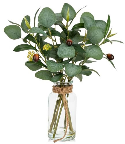 Hollyone Tallos de eucalipto artificial de 35 cm en jarrón de cristal con agua sintética, planta de eucalipto sintético de 14 pulgadas con hojas de olivo para decoración del hogar, sala de estar,