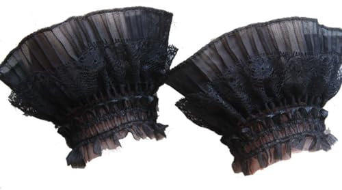 Yurosiay Damen Spitze Manschette 1 Paar Stretch Spitzenmanschette Kurz Rüschen Handgelenk Manschette Spitze Lolita Falsche Ärmel Elegant Chiffon Armstulpen Spitze Handgelenk Stulpen Schwarz