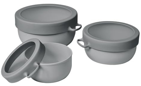 EKU Upcycle Set of 3 Bowls - Nesting Bowls Made from 100% Upcycled Materials - Stackable Food Storage Containers with Clear Lids & Handles - Microwave & Dishwasher Safe - Charcoal