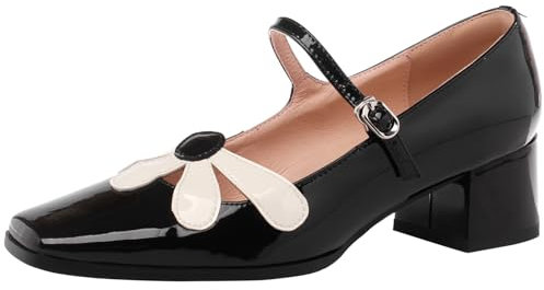 Mo Joc Damen Stilvolle Mary Jane Heels aus Schaffell mit Quadratischer Spitze (Schwarz, 39)