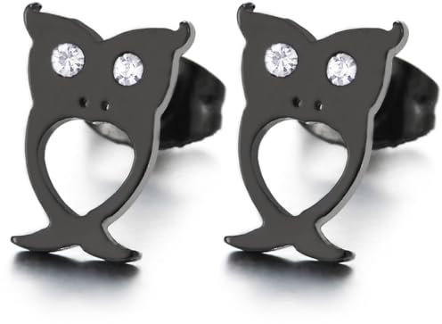 Herren Damen Launisch Schwarz Eule Ohrstecker Ohrringe Edelstahl mit Zirkonia, Naturinspiriert Mode