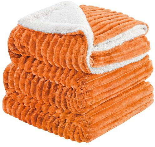 INFIIXSO Coperta in pile Sherpa, per letto king size, super morbida e calda, a righe, grande, soffice, per tutte le stagioni (arancione bruciato, 260 x 228 cm)