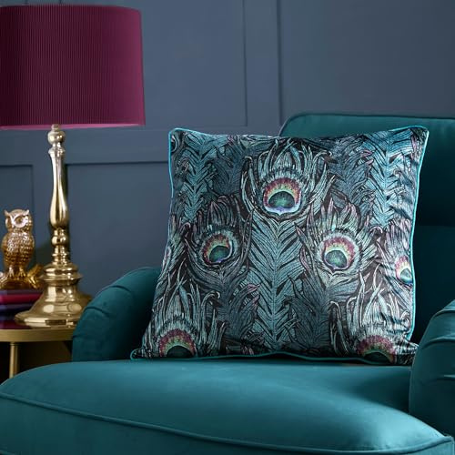 Laurence Llewelyn-Bowen Kissen mit Pfauenfedermuster, luxuriöses Kissen, weich, seidig, Jacquard-Füllung, 55 x 55 cm, Pflaumenrot
