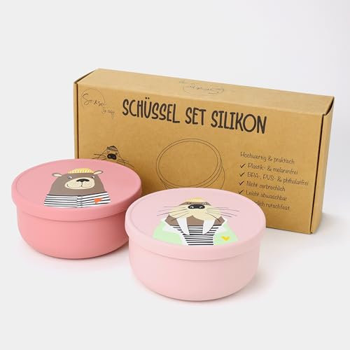 So&So Silikon Schüssel mit Deckel, Snackschale, Müslischale, Kinderschüssel, Kindergeschirr, Essgeschirr (Pink and Light Pink, Pack of 2 Printed)