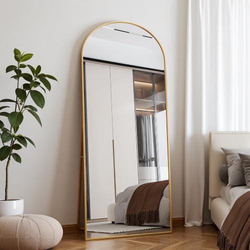 USROCAS Grand Miroir sur Pied 180 x 80cm, Arqué Miroir Pleine Longueur, Miroir Bombé avec Cadre en Métal, miroirs sur Pied Penché ou Suspendu pour Salon, Chambre et Entrée,Or
