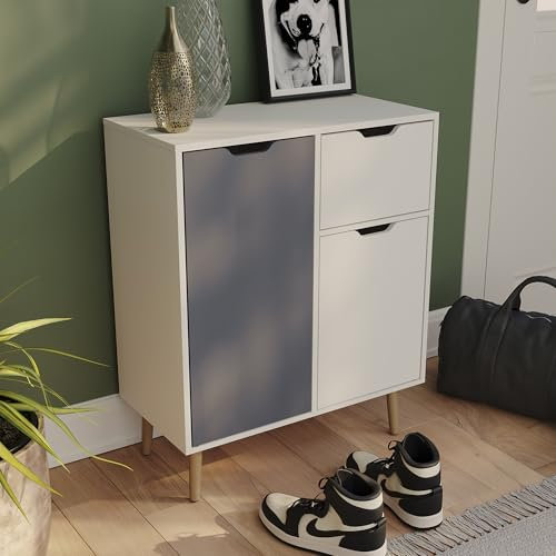 Vida Designs Sideboard Storage Cupboard Cabinet with 1 Drawer for Living, Bedroom, and Dining Room (Grey & White, 2 Door 1 Drawer)
