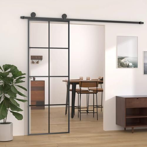Sufrk Schiebetür Schwarz 76x205 cm ESG Glas und Aluminium GlastüR Komplettset RaumspartüR