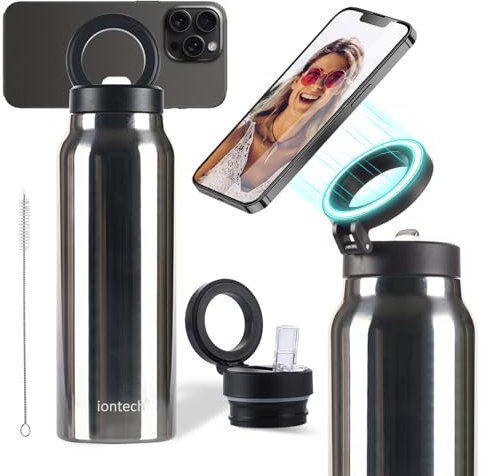 Wasserflasche mit magnetischer Handyhalterung, kompatibel mit MagSafe iPhone, isolierte Edelstahl-Wasserflasche, Handy-Stativ, Halterung für Yoga, Fitnessstudio, Reisen, Vlogger, YouTuber, heiß 12