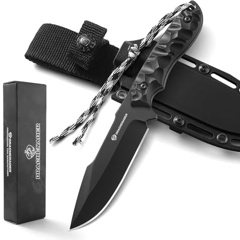 DRACHENADER Gürtelmesser, Feststehendes Messer mit 13 cm Klingenlänge, 5CR14Mov Stahl, Outdoor Survival Messer, mit Kydex Scheide (E-Schwarz)