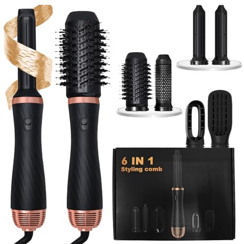 Kocusu 6 in 1 Hairstyler,1000W Airstyler mit Warmluftbürste,Einstellbare Haarstyler mit Rundbürstenföhn,Volumen-Föhnbürste,Thermal Brush,Lockenstab Automatisch,Glättbürste Für Trocknen,Locken,Glätten