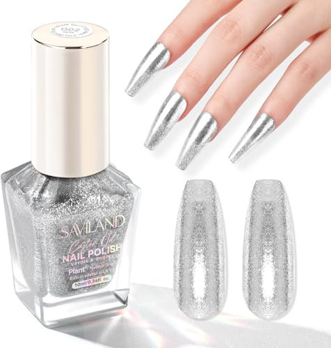 SAVILAND Glitter Silver Nail Polish: Holographic Nail Polish Sparkle Nail Varnish Quick Dry Fingernail Polish 10 ml Shimmer Nail Lacquer for Finger Toenail Nail Art DIY Salon Manicure Home