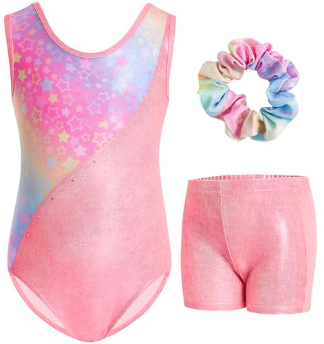 Gogokids Mädchen Dreiteiliges Gymnastikset mit Shorts, Kinder ärmelloser Gymnastikanzug mit Schmucksteinen, Funkelndes Mädchen Gymnastikoutfit, Sportliche Tanzbekleidung für Kinder im 8-9 Jahre