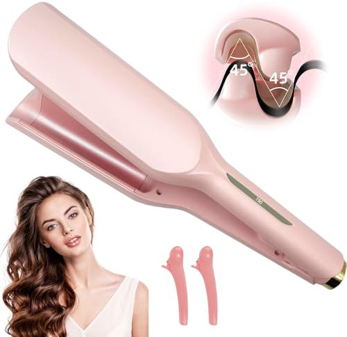 French Wave Lockenstab, Afenau 32mm Beach Waves Lockenstab mit 5 Temperaturstufen, V Förmiger, 15S Schnelles Aufheizen, Welleneisen Große Wellen, Wellenstab Haare für Lange/Kurze Haare (Rosa)