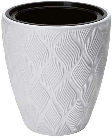 B2C Round Tall Plant Pot Elegant Large Flower Indoor Outdoor Garden Planters Flow High 5 Colours Wave Plastic Textured With insert (White, H42cm x D38.5cm)