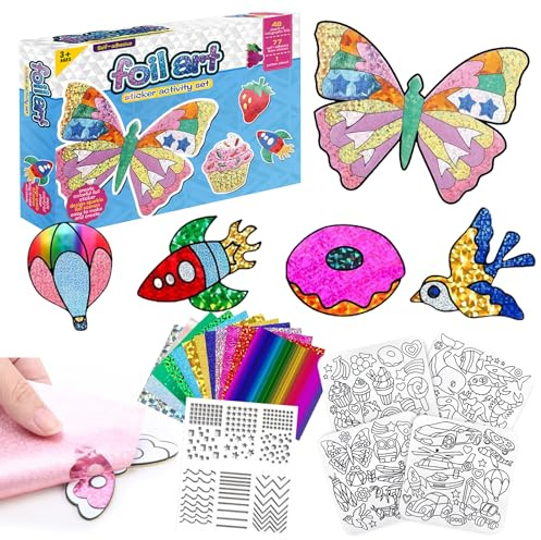 KIKVTER Folienspaß Kinder, Foil Art for Kids, DIY Färben Aufkleber Kinder Bastelsets, Glitzer Transferfolie Handwerk Kits, Folienspaß Bastelkoffer, Kreativ Basteln DIY- Aktivität für Geschenk