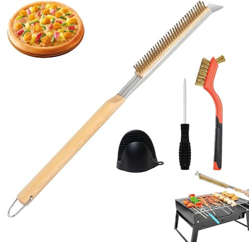 Pizzaofen Bürste mit schaber, Pizzastein Bürste Lang 56cm, Pizzaofen Besen, Pizza Bürste Messing, Pizzaofen Zubehör Set mit Silikon Ofenhandschuhe für Pizzaofen Gasgrill,Ofenbürste