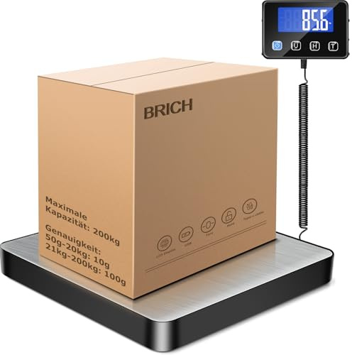 Hochpräzise Plattformwaage 200kg/10g mit Halte-/Tara-Funktion - Digitale Paketwaage aus Edelstahl mit LCD-Display, 4 Einheiten, Wandmontage & Dualer Stromversorgung - Ideal als Gepäckwaage für Lager