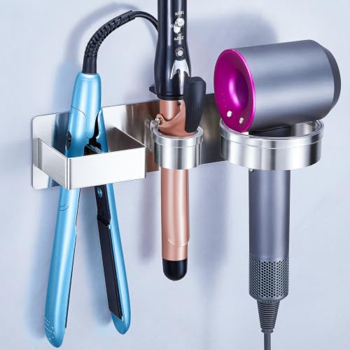 Hairdryer and Straightener Holder Wall Mount Hair Dryer Holders Metal, 3 in1 Hair Tools Organiser for Curling Iron & Straightener, Hairdryer Holder for Dressing Table, Bathroom, Salon (Silver)
