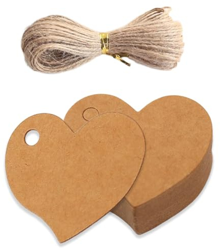 COYUN 100 Stück Geschenkanhänger Kraftpapier Anhänger Papier Geschenkanhänger Herz Hochzeit Papieranhänger zum Beschriften für Kommunion, Gastgeschenke mit Juteschnur