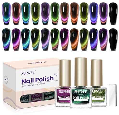 SUPWEE 9D Cat Eye Nail Polish Set, 12PCS Magnetic Nail Polish No Gel