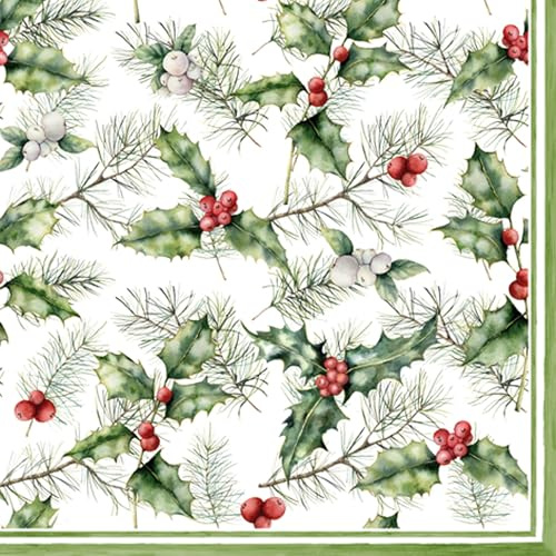 Servietten Papier 33x33cm 3-lagig 20 Stück - hochwertig & nachhaltig - Einweg Papierservietten mit Stechpalmen, Tannenzweigen & Mistelbeeren - Weihnachtsservietten im Aquarellstil Tischdeko