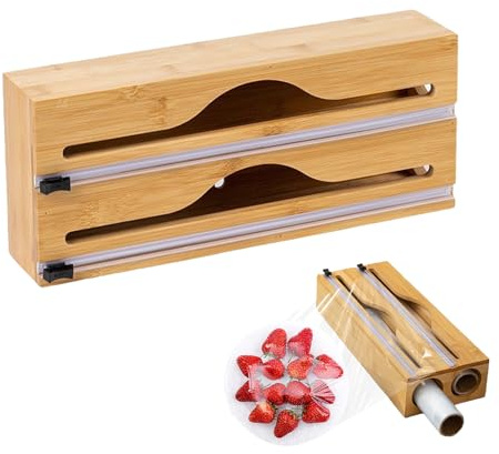 SHUANGBAODALAO Frischhaltefolienspender 2-in-1 aus Bambus, 33 x 14 x 7 cm
