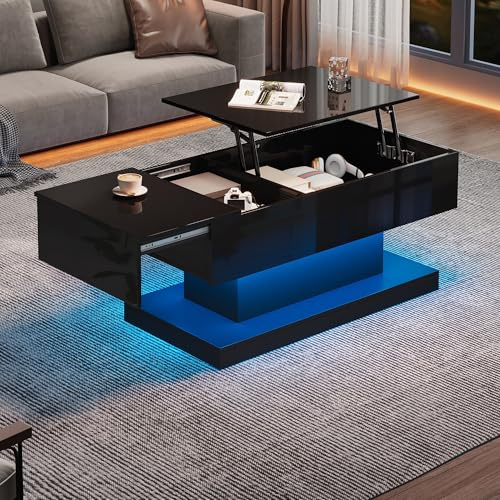 vutizal Schwarzer höhenverstellbarer Couchtisch, Hochglanz Wohnzimmertisch mit Hubboden und LED Beleuchtung, App-Steuerung und Schubladen, modern mit Stauraum
