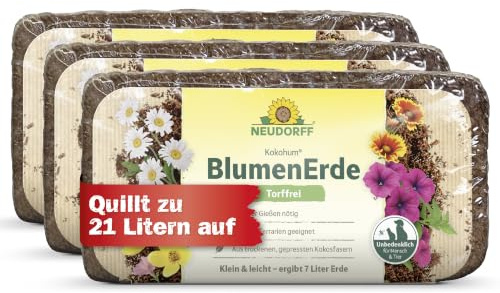 Neudorff KokoHum BlumenErde 7 L – Torffreie Kokoserde ideal für Zimmer- und Balkonblumen – Weniger Gießen nötig – ideal für kräftiges Wurzelwachstum – Brikett quillt zu 7 Liter Erde auf