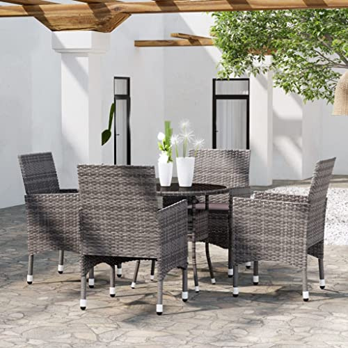 Runheo Ensemble à Manger de Jardin 5 Pièces, Résine Tressée Grise, Table Ronde en Verre Trempé et 4 Chaises avec Coussins, Mobilier d'Extérieur pour Patio et Balcon