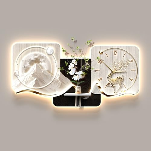 Yidlkecqey Decorazione Parete 3D in Arenaria con Orologio Silenzioso e LED, Quadro Luminoso con Vaso per Piante Vere, Arte Moderna(Type D,50x100cm/19.7x39.3in)
