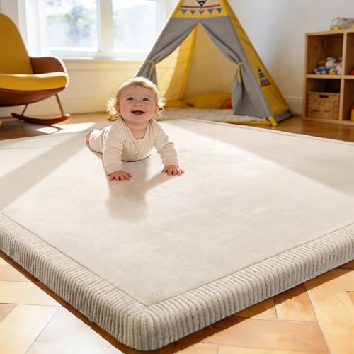 Treeboy krabbelteppich für Baby krabbelmatte babyzimmer 200x150x3cm beige | krabbeldecke Baby play crawling mat für Kinderzimmer mit hochwertigem Memory-Schaum Rutschfester Unterseite Kinderteppich