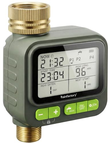 rainfactory - timer irrigazione automatico 1 via, centralina irrigazione a batteria IP65 con display LCD, 4 programmi, manuale, delay pioggia, raccordo ¾ per giardino, balcone, vasi, goccia a goccia!