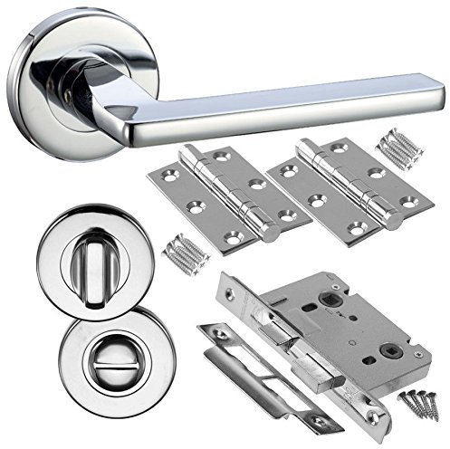 Golden Grace Leon Design Bathroom Door Handles Lever On Round Rose in Polished Chrome Finish, Complete with Pair of 3 Hinges, Bathroom Lock & Thumbturn