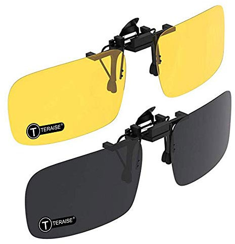TERAISE Clip auf Sonnenbrille, 2er Pack/Tag + Nachtsicht Männer/Frauen UV400 Flip-Up polarisierte Sonnenbrille, Bequeme und sichere Pa