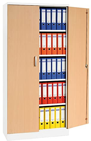 Aktenschrank Stahlschrank Büroschrank mit Dekor-Flügeltüren in Holzoptik, 195x92x42, Weiß/Buche