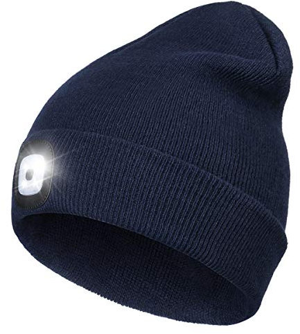 Wmcaps Mütze mit Led Licht, Wiederaufladbare USB Freisprech Stirnlampe Strickmütze Wintermütze Warme Mütze Kappe Scheinwerferkappe zum Camping Joggen Geschenke für Männer Frauen, Navy Blau