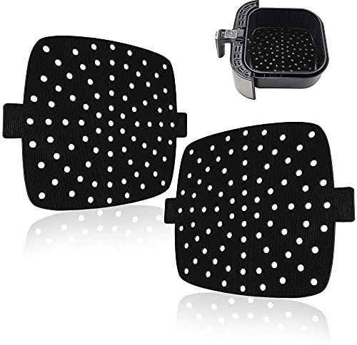 MATI 2PCS Reusable Air Fryer Liners, Non Stick Surface, Large Air Circulation Holes, Tags to Remove Liner, Easy to Clean, Thick Durable Premium Material, 9inch Square, Food Grade Quality