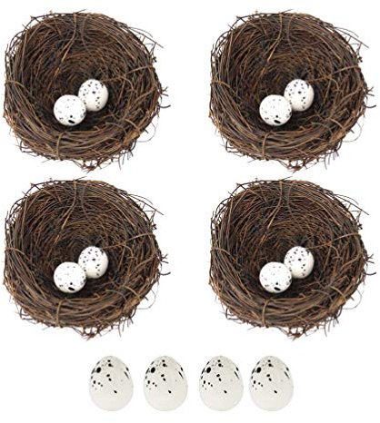 VALICLUD 4 Stück Vogelnest 10cm Osternest mit 12pcs Ostereier Vogeleier Osterdeko Frühling Zweige Rattan Nest Naturnest Handwerk Basteln Foto Requisiten handgemacht Tischdeko Ostern Deko