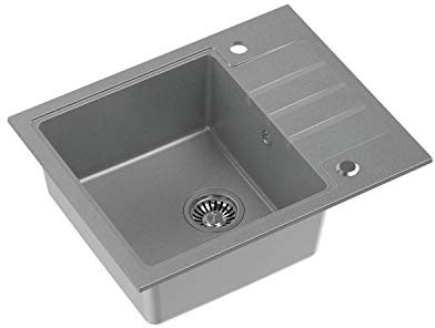 VBChome Fregadero de cocina gris 62 x 50 cm profundo 20 cm cocina escurridor empotrable fregadero compuesto para armario bajo a partir de 55 cm, fregadero de cocina individual + sifón