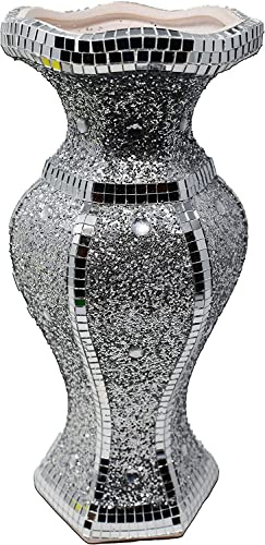 Amazing Gift Large Silver Sparkle Flower Vase - Handcrafted Crushed Diamond Ceramic Sculpture for Glittering Mirrored Centerpieces - Stunning 30 cm Floral Display