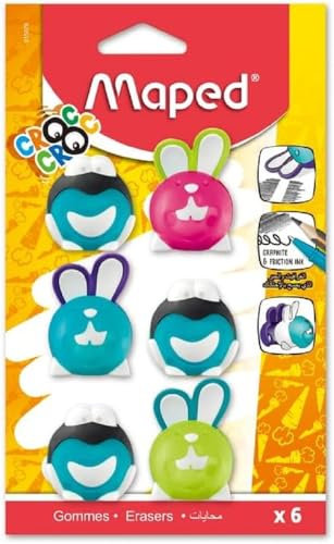 Maped – Set mit 6 Krokodilgummis mit Frosch und Kaninchen – Radiergummi zum Löschen verschiedener Arten von Tinten und Bleistiften, lustiger Radiergummi für Kinder