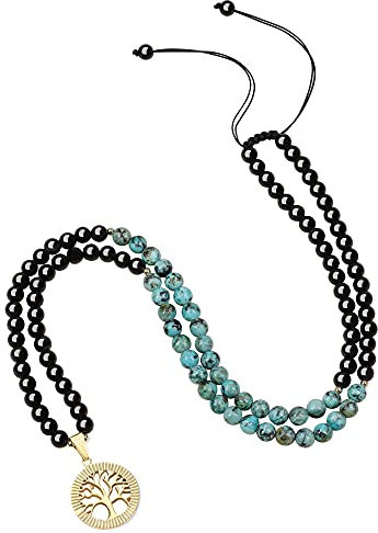 COAI Collana 108 Perle Mala con Amuleto Albero della Vita, Collana Regolabile in Ossidiana e Turchese Africano
