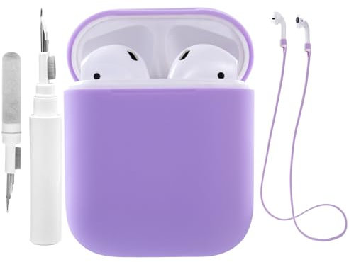 Teyomi Funda de Silicona Compatible con AirPods 2 y 1 con Kit de Limpieza, Funda Protectora Compatible con Apple AirPods 2&1 con Correa Deportiva, Funda Suave para Airpods 1&2 (Violeta)