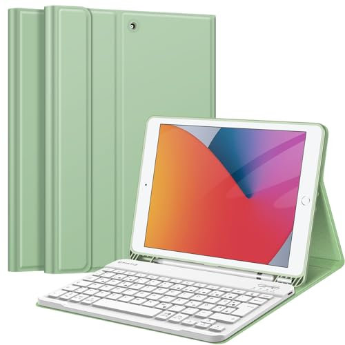 FINTIE Tastatur Hülle für iPad 10.2 Zoll (9/8/ 7 Generation - 2021/2020/2019), Schutzhülle mit TPU Rückschale, Pencil Halter und magnetisch Abnehmbarer Tastatur mit QWERTZ Layout, Pastellgrün